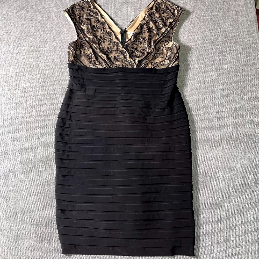 Signature‎ Lana Sheath Dress Womens 16 Black Tan Lace Bodice Sleeveless Back Zip